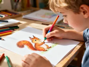 Chłopiec z radością rysuje kolorowymi kredkami przyjaznego smoka na dużej kartce papieru w słonecznym pokoju zabaw.