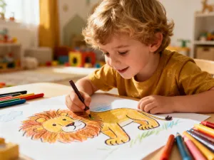Dziecko z radością rysuje kolorowymi kredkami kota na kartce papieru w przytulnym pokoju zabaw.