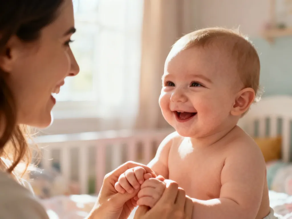 Niemowlę uśmiechające się do mamy, trzymającej je za rączki w przytulnym pokoju dziecięcym.