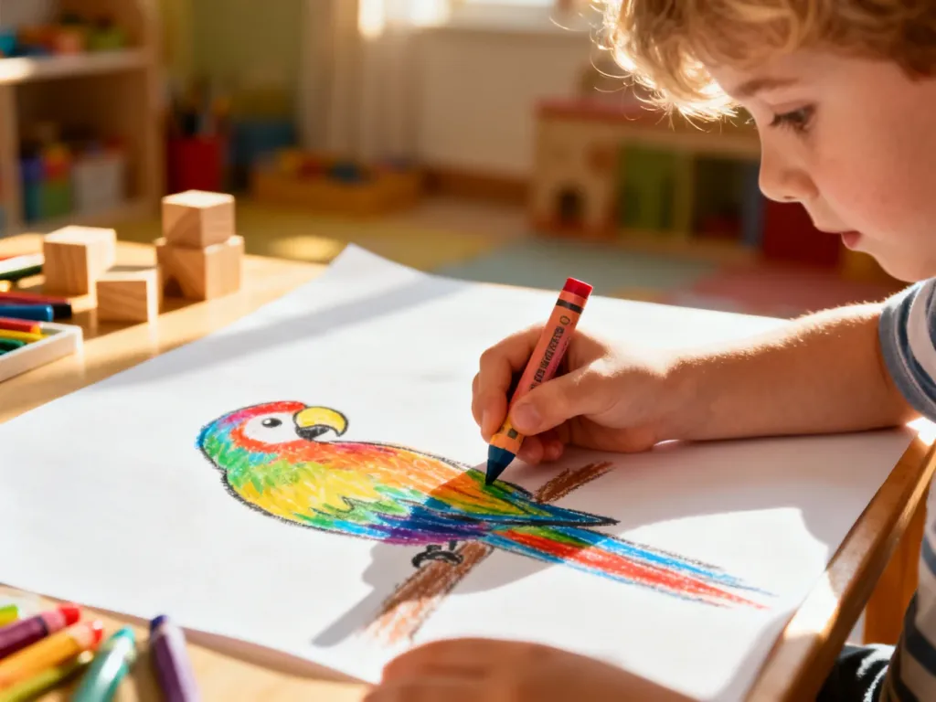 Dziecko rysuje kolorową papugę na dużej kartce papieru w przytulnym, słonecznym pokoju zabaw.