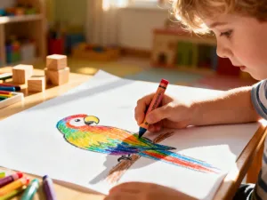 Dziecko z uśmiechem rysuje kolorowego jednorożca na dużej kartce papieru w przytulnym, słonecznym pokoju zabaw.