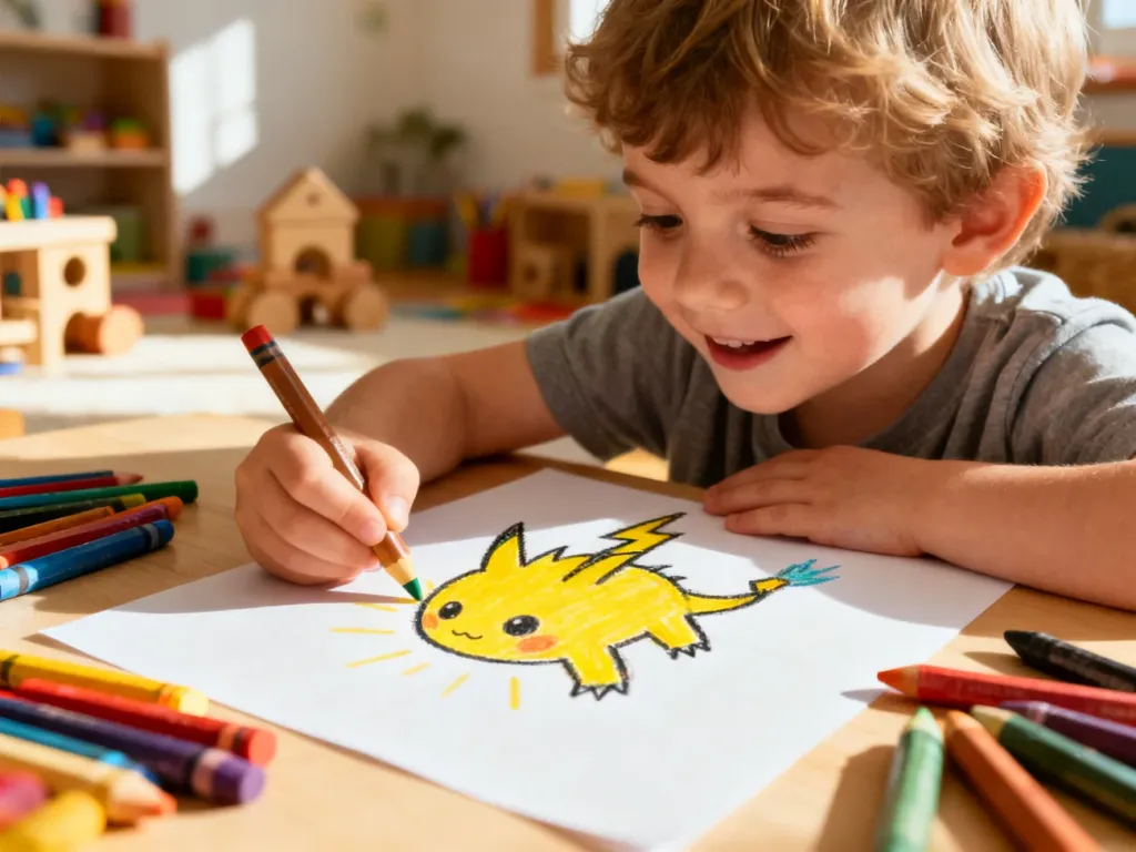 Dziecko z radością rysuje kolorowymi kredkami Pikachu na kartce papieru w przytulnym, słonecznym pokoju.