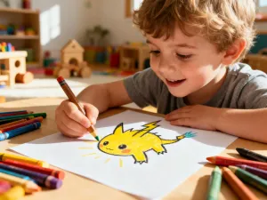 Dziecko z zaangażowaniem rysuje kredkami lisa na kartce papieru, siedząc przy drewnianym biurku w przytulnym pokoju.