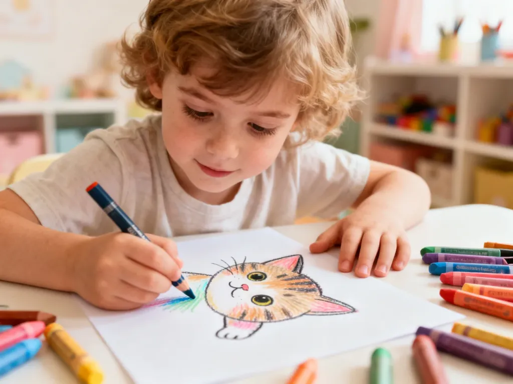 Dziecko z radością rysuje kolorowymi kredkami kota na kartce papieru w przytulnym pokoju zabaw.