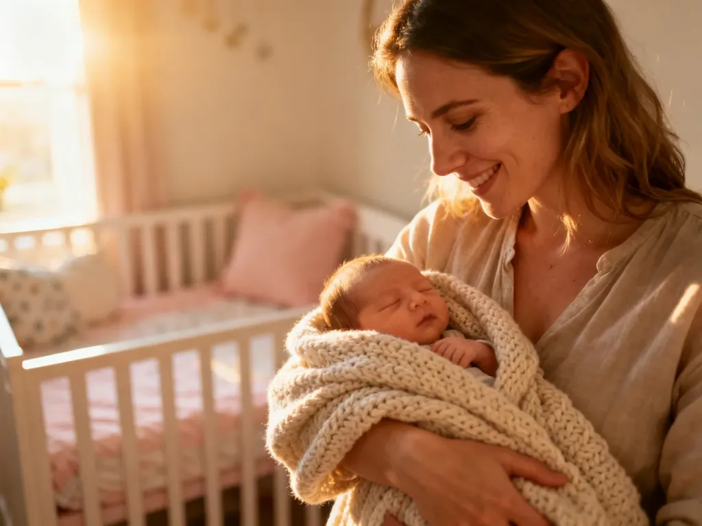 Uśmiechnięta kobieta otula noworodka miękkim kocykiem w przytulnym, jasnym pokoju dziecięcym.