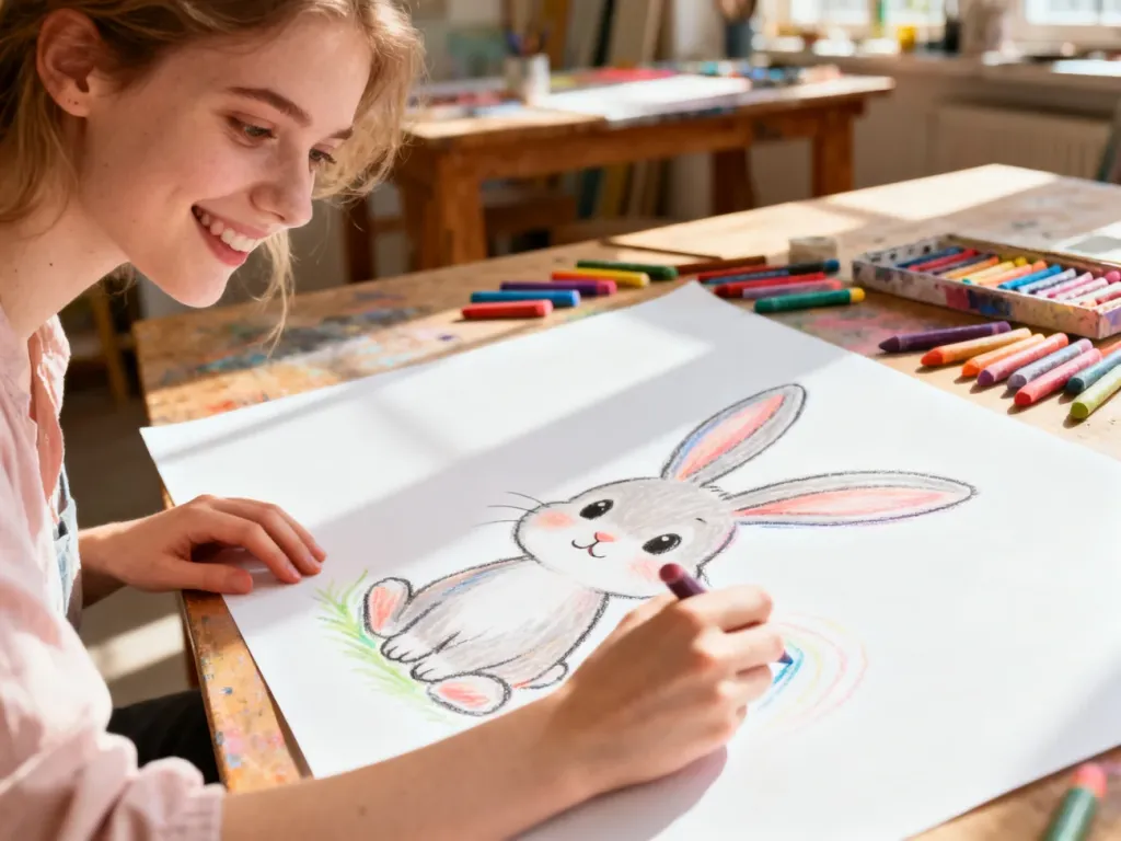 Uśmiechnięta kobieta rysuje kolorowymi kredkami słodkiego królika na dużej kartce papieru w przytulnej pracowni plastycznej.