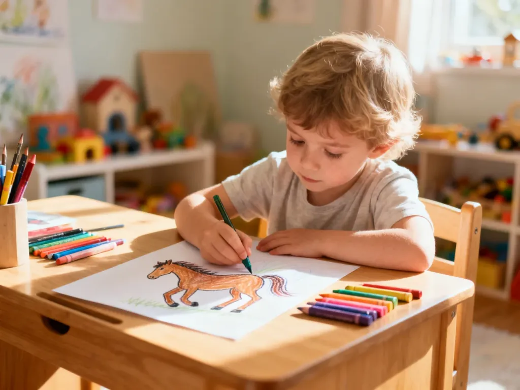 Dziecko skupione na rysowaniu konia kredkami przy drewnianym biurku w przytulnym pokoju zabaw.