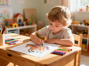 Dziecko z uśmiechem rysuje kolorową kredką prostą postać na dużej kartce papieru w słonecznym pokoju.