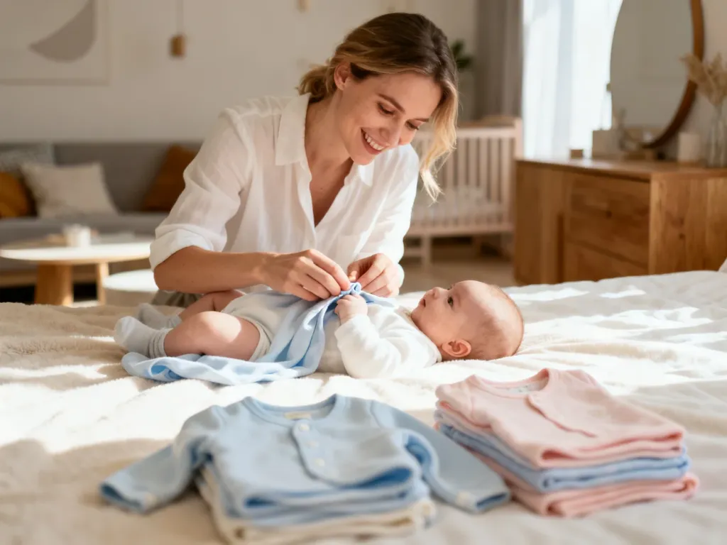 Uśmiechnięta mama delikatnie ubiera niemowlę w przytulnym, słonecznym pokoju dziecięcym. Obok leżą starannie złożone ubranka.